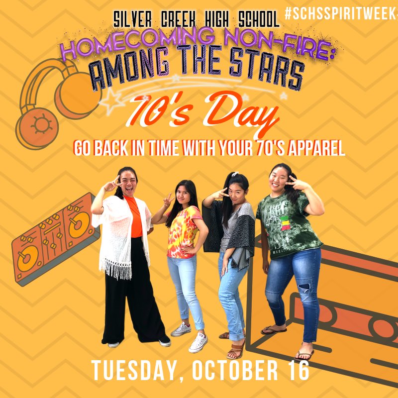 SCHSraiders's tweet photo. Let’s go back to the 70’s, Raiders! Dress up in your retro attire and don’t forget to take pictures in the X-Quad at lunch. #schsspiritweek https://t.co/3lPG5ba9EM