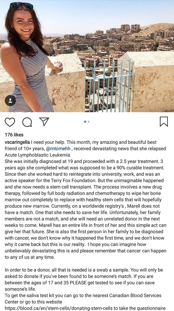 To my people that are between 17-35 yrs old. This is Marell Tomeh. She's 24 and has Acute Lymphoblastic Leukemia. She's in need of stem cells as part of her treatment. Let's try our best to help. Get tested here -- blood.ca/en/stem-cells/…