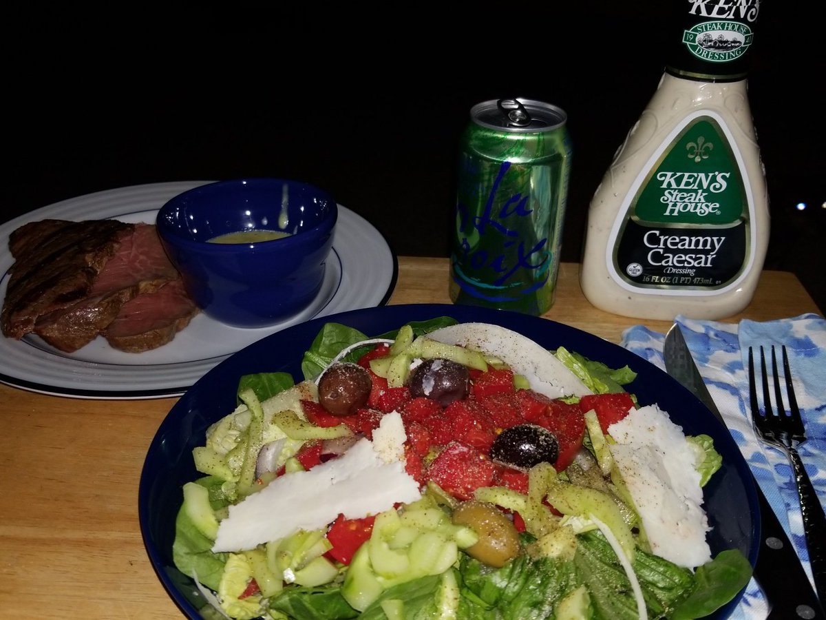 L0UKaren's tweet photo. #beef with bearnaise sauce garden meaty tomatoes crunchy cucumbers olives red onions romano cheese curls on spinach and romaine salad #BesthusbandTC top with @KensDressing creamy ceasar @lacroixwater #mondays https://t.co/F68qM727gd
