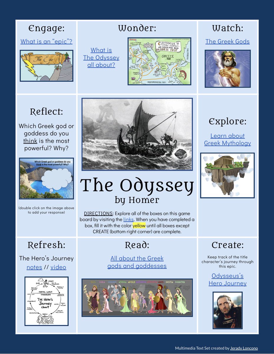heymrspearson's tweet image. Another #multimediatextset ready to go! So happy to finally be creating engaging and meaningful learning tasks for my students. #TheOdyssey has never been a favorite text of mine, but for the first time I am actually looking forward to starting this unit! 💙 #doitforthestudents