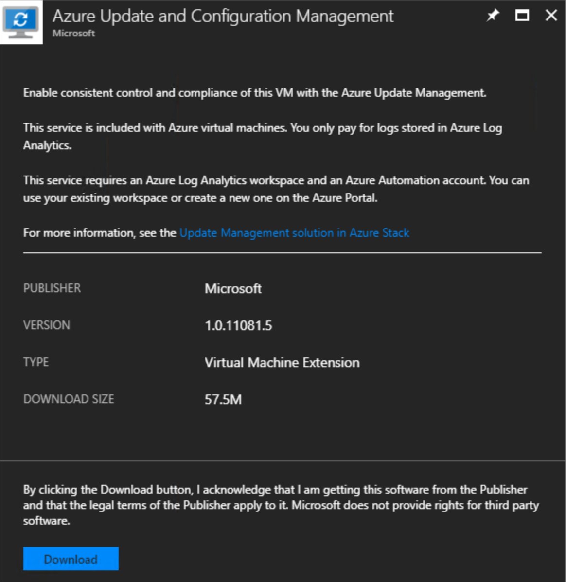 Use #Azure Update Management, Change Tracking, and Inventory solutions to manage VMs running on Azure and #AzureStack in the same way, same interface, same cost - learn more on how to configure the VM extension and use it here: aka.ms/azstackupdatem…