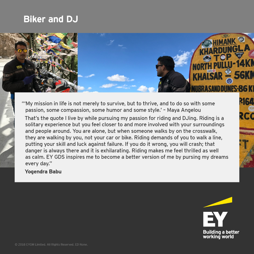EY_GDSCareers's tweet photo. Yogendra from #EYGDSIndia pursues riding for thrill and #inspiration, and to #celebrate life. #GDSLifeBeyondWork #BetterWorkingWorld https://t.co/ZzvZrOPpIs