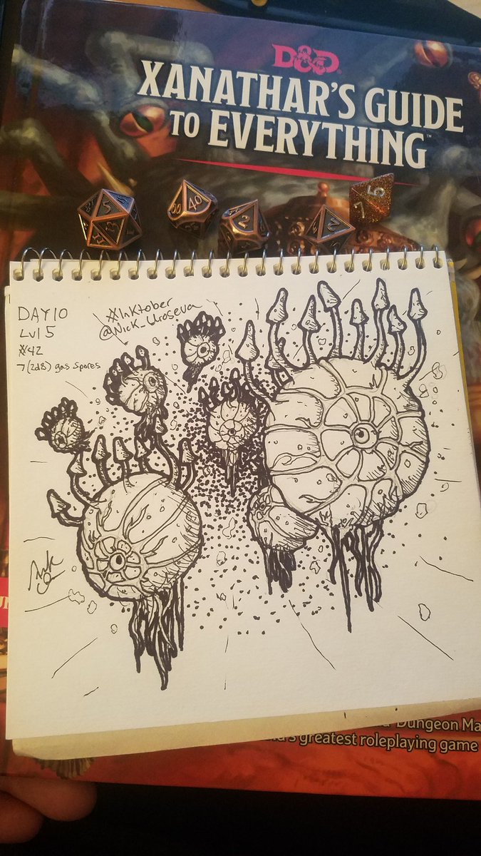 nick_uro's tweet photo. #Inktober2018 (Catch Up) Day 10
#XGtE Underdark Random Encounter Tables, Lvl 5 (1d20), #42 (1d100), 7 (2d8) Gas Spores.
#Inktober #DnD https://t.co/EWOCBT4BDy