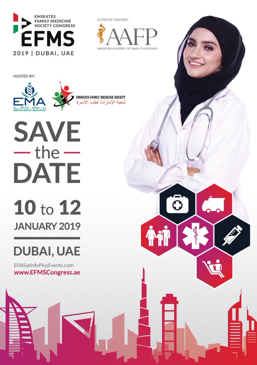 EFMS2019's tweet photo. Save The Dates for the 2nd Emirates Family Medicine Society Congress, 10 to 12 January 2019 in Dubai
For more info: https://t.co/RMWO94wmnu
#EFMS2019 #EFMS #familymedicine #emiratesmedicine #medicalevent #IPEvents https://t.co/PkQFUGkrgu