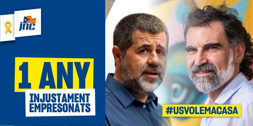 JNCatalunya's tweet photo. ▶️ Avui fa 1 any que els Jordis, en @jordialapreso i @jcuixart, viuen empresonats de manera injusta! 🎗Demanem la llibertat per a tots i totes! #FreeThemAll 

#LlibertatPresosPolítics
#RetornExiliats
#UsVolemACasa https://t.co/ioSqwmNz0V