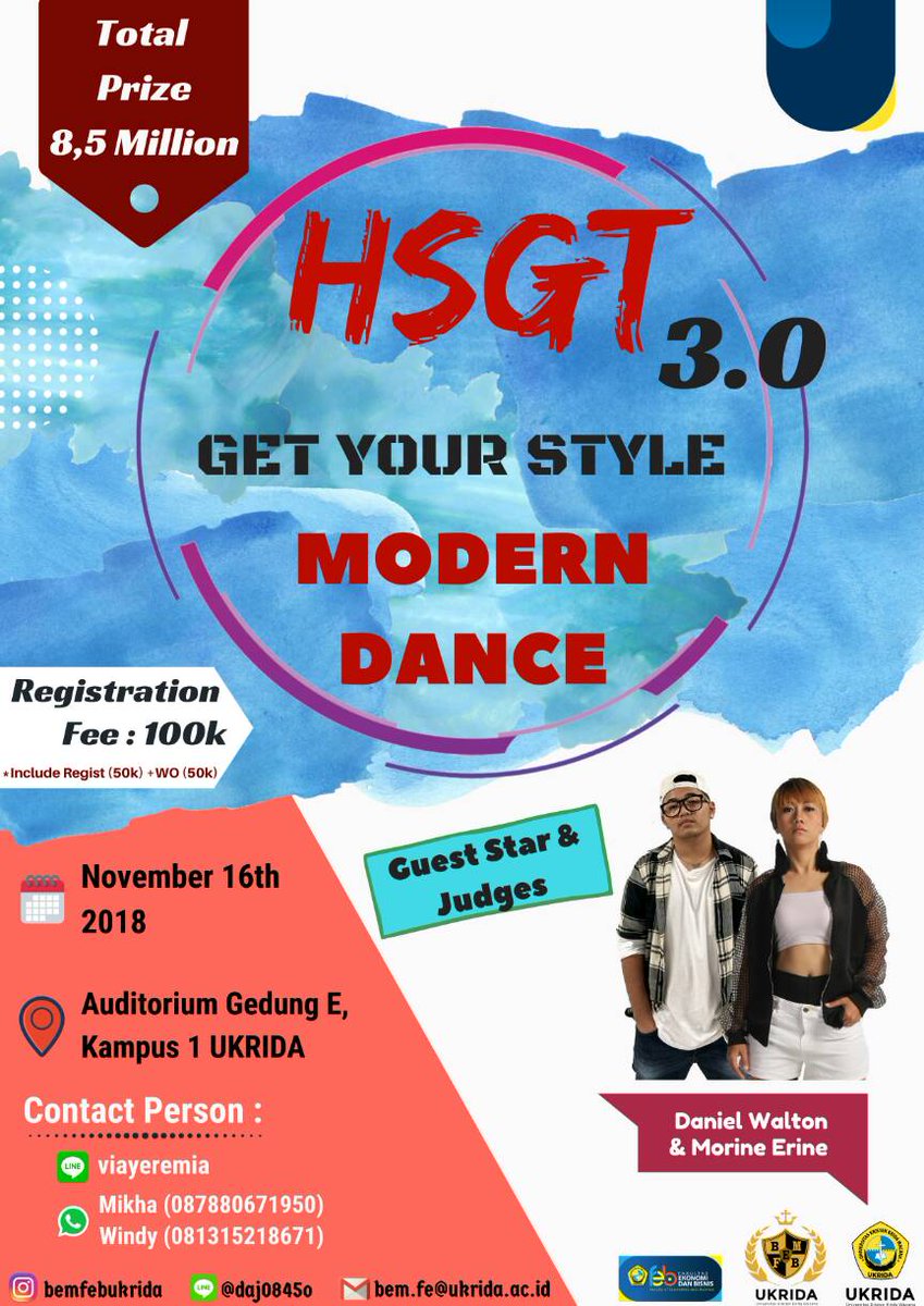 BEMFEUKRIDA's tweet photo. BEM FEB UKRIDA proundly presents

High school Got Talent 3.0 "MODERN DANCE"
-Get your style-

Regist your team NOW! 
For more Information, please contact :
Line : Via (viayeremia)
WA : Mikha (087880671950)
          Windy (081315218671) https://t.co/5hinHlsjqW