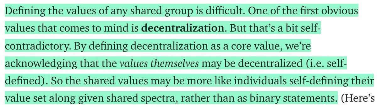 RhysLindmark's tweet photo. 6/ This balance between permissioned/permissionless is VERY difficult btw.
e.g. For #ETHCommons I settled on 2 "bare minimum" values: decentralization and transparency. (My instinct is that these 2 "values" apply for any arbitrary meme. i.e. Are weak.) https://t.co/SK3lsv30IB https://t.co/WCDT1sO94q