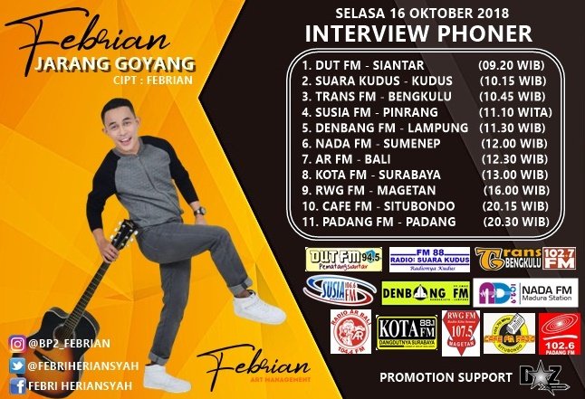 Denbang995FM's tweet photo. Yuks Staytune Sekarang
#LivePhonner di #OTIS Ngobrol Bareng Artis with @Febriheriansyah Kita Bakal Kupas Habis Single Dangdut Terbarunya #JarangGoyang
Dikawal MD : @KiaHarvesya https://t.co/oGLAG2Vf5a