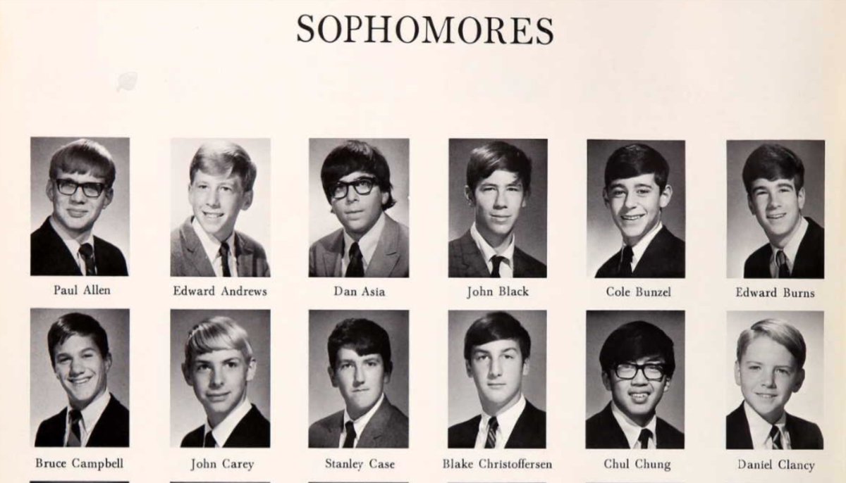 From the 1969 Lakeside High School yearbook: Paul Allen and (at lower left  in crowd scene) Bill Gates., image size:1200x686