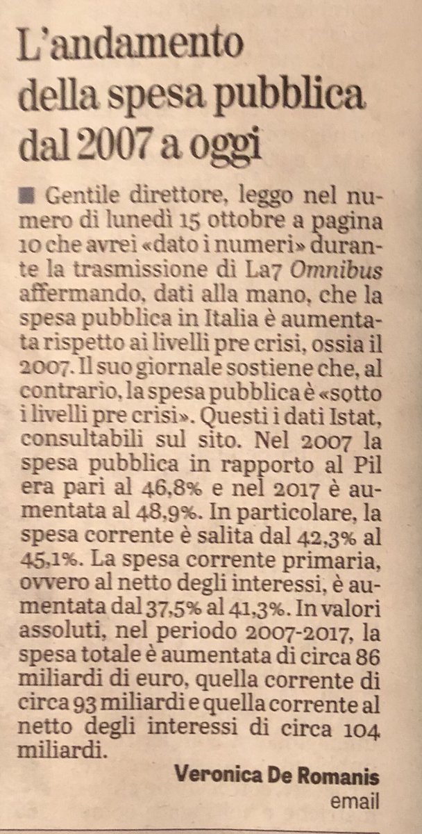 VeroDeRomanis's tweet photo. Oggi su @LaVeritaWeb  una mia lettera con i numeri Istat della spesa pubblica dal 2007 al 2017. @OmnibusLa7 https://t.co/5kIrmzX1Mz