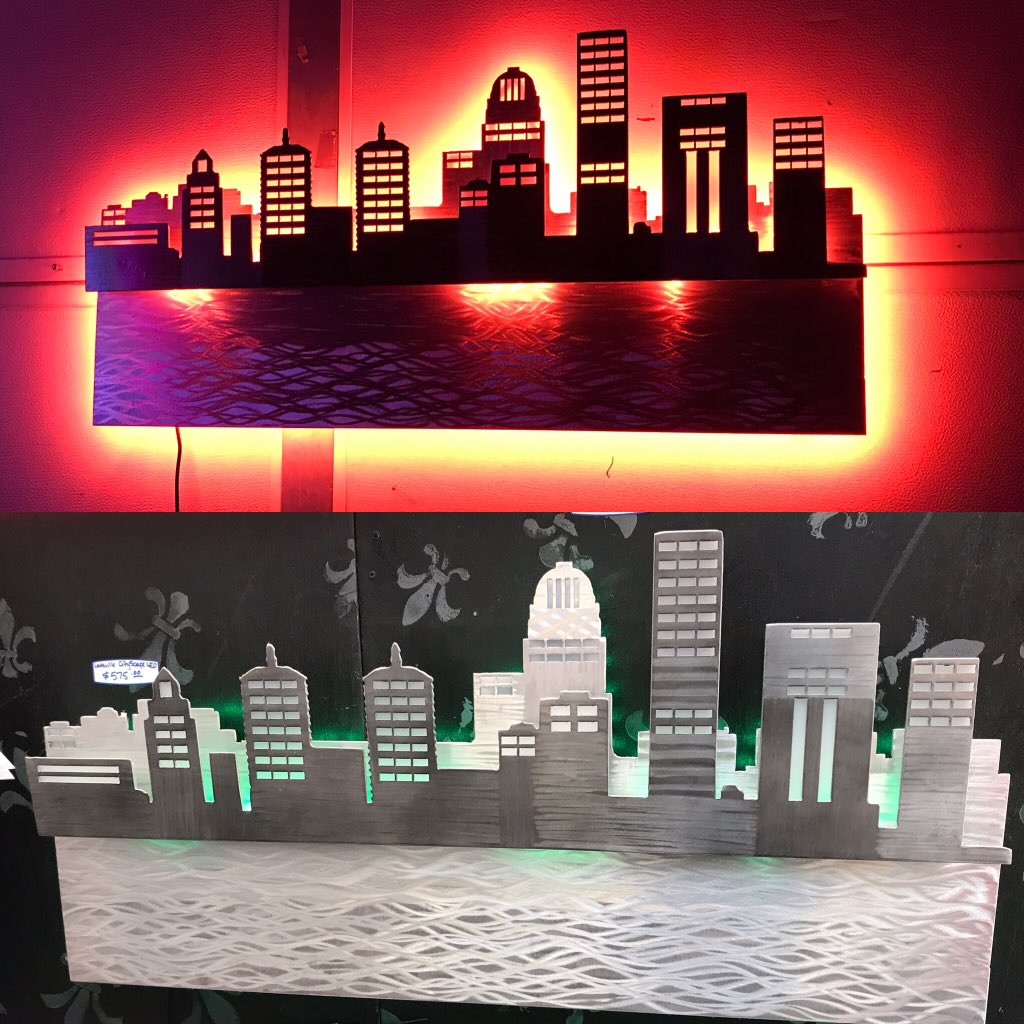 MrTonyViscardi's tweet photo. Louisville Skyline sculpture with white plexiglass windows and color changing LED lighting. Also added 3 cut outs in the bottom of buildings to let some@light through to represent the lights shimmering off the water. An amazing sculpture. #led #ledsculpture #ledlighting #skyline https://t.co/paelXhcXZi