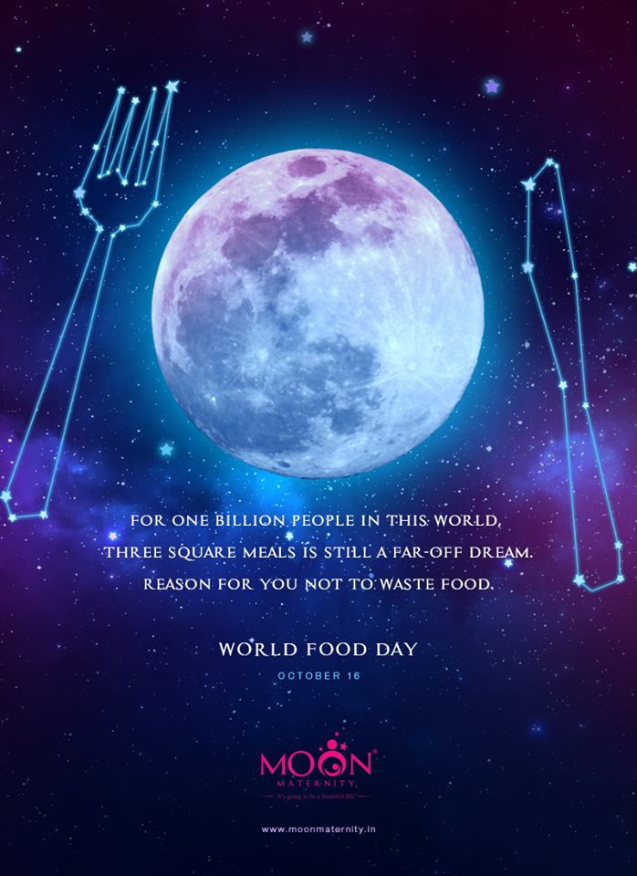 MoonMaternity's tweet photo. One in every 6 people on Earth doesn’t get enough food to live a healthy life. 
Reason enough for you not to waste food. So, on this World Food Day, Moon Maternity requests you all not to waste food. 
Food is life. Eat it responsibly, Share it with the needy.
#WorldFoodDay https://t.co/nJQQ8a99ZK