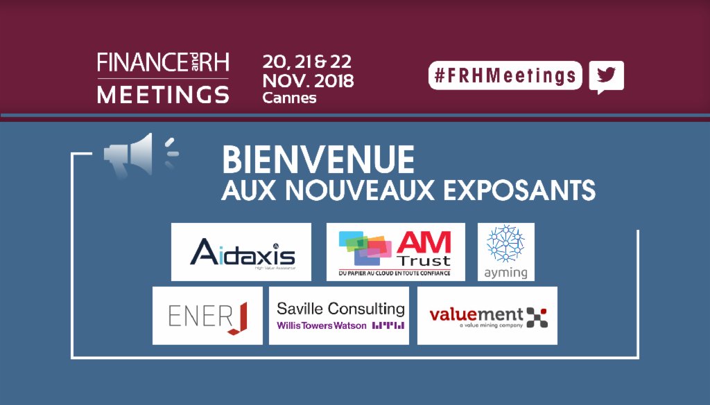 GRCMeetings's tweet image. Bienvenue aux experts de la finance et des RH qui nous ont rejoints la semaine dernière ! #FRHMeetings accueillera @AidaxisFr @amtrustgroup @ayming_fr @EnerJ_Fr @SavilleAssess et VALUEMENT du 20 au 22 novembre. Et vous, serez-vous présents ? Plus d'infos→ bit.ly/2OYGg1m