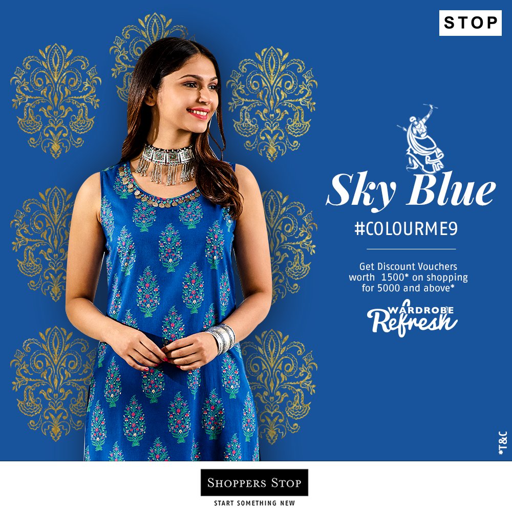 shoppersstop's tweet photo. Refresh your wardrobe with the right kind of blues and dress in sky blue tomorrow. Visit a Shoppers Stop store and get Discount Vouchers worth Rs. 1500* on shopping for Rs. 5000 or more*, hurry! #Navratri #SkyBlue #ColourMe9 #WardrobeRefreshWithSS #SkyBlue https://t.co/fZomutn9SD