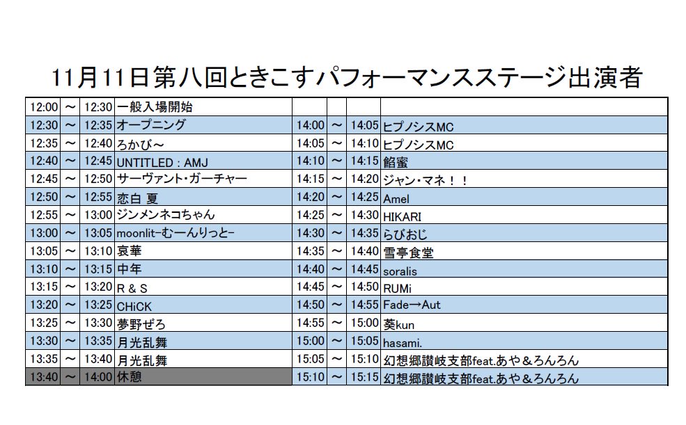 11月11日ときこすパフォーマンスステージの出演順が決まりました。
今回はノアズアークさんが会場となります。今回もダンスにカラオケにバラエティ豊かですね。皆さんの輝く姿を楽しみにしています！
#ときこす　#ときこすステージ