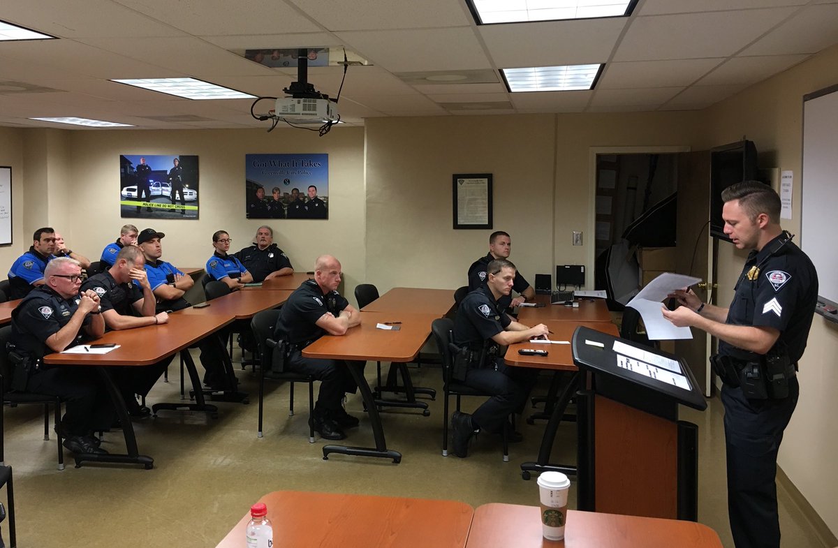 GvlPD's tweet photo. VIRTUAL RIDE-ALONG - By the numbers: There were 15 uniformed officers in this morning’s 6:40 a.m. roll call and only 4 cups of coffee! How about that? Ofc. Epting begins the day coffeeless. Thoughts? #gvlpd #virtualridealong https://t.co/EyLM8nCBFB