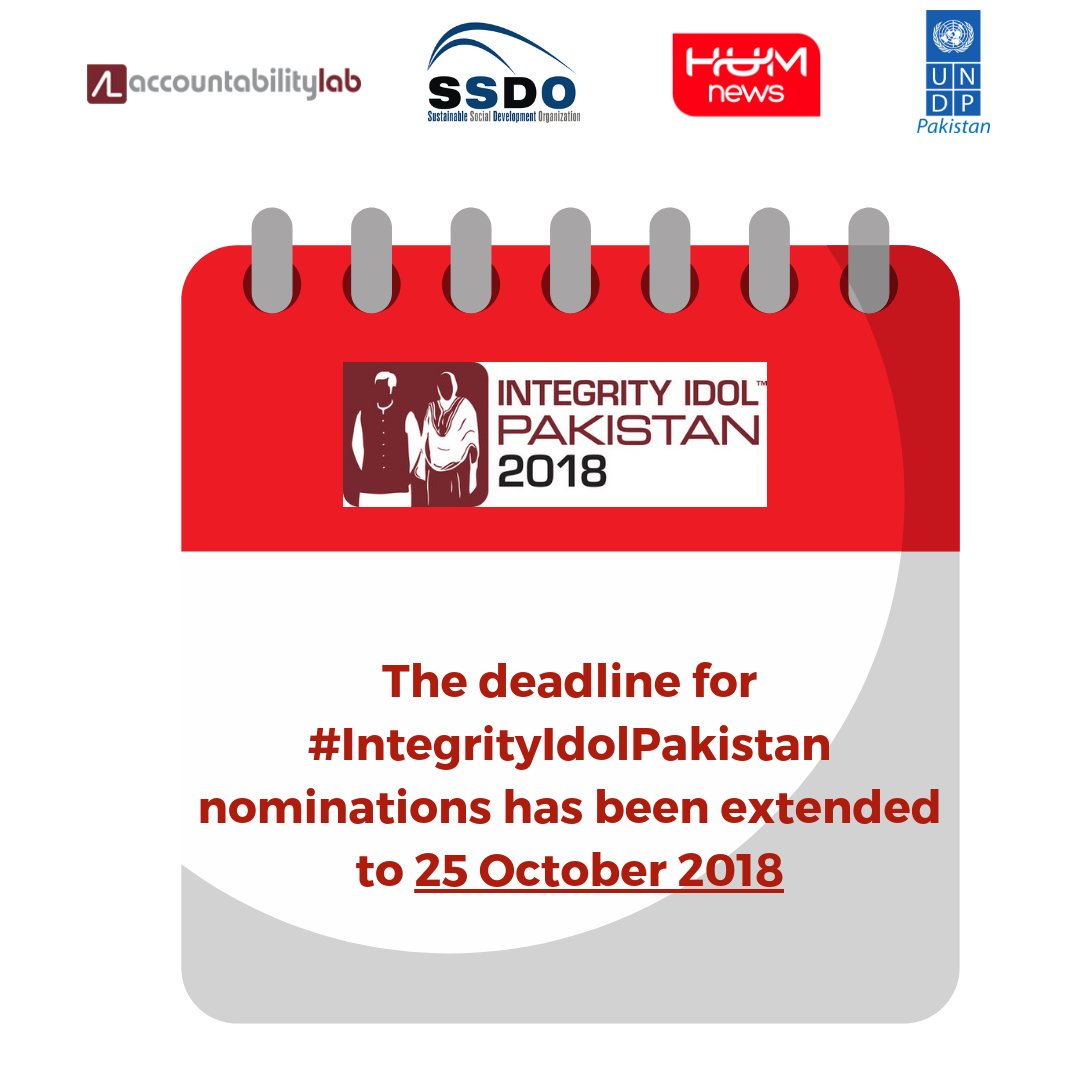 IntegrityIconPK's tweet photo. The deadline for #IntegrityIdolPakistan nominations has been extended to 25 October 2018! To nominate any young public servant of age 35 and below visit: https://t.co/w6ybLOQurw
@SSDOPakistan @UNDP_Pakistan @humnewspakistan @UNDP_Pakistan @IntegrityIdol https://t.co/0PUAsqu5i8