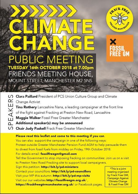 Hugely timely public meeting in Manchester tonight! 

Hear inspirational speakers <a href="/tinalouiseUK/">Tina Louise 🍃💚🍃</a> @clarapa and Maggie from @FossilFreeGM on the growing movement against fracking &amp; the campaign to get GM Pension Fund to divest from fossil fuels. #ClimateJustice