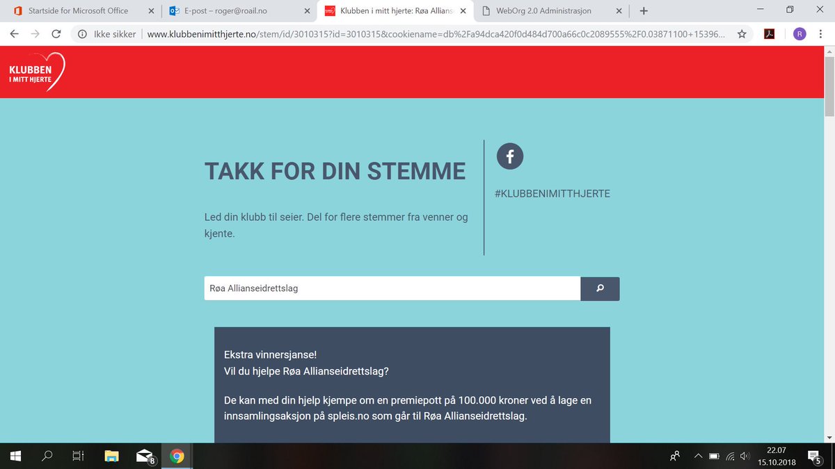 Gå inn på klubbenimitthjerte.no og stem på RØA ALLIANSEIDRETTSLAG hver dag til og med 26. oktober👍😄