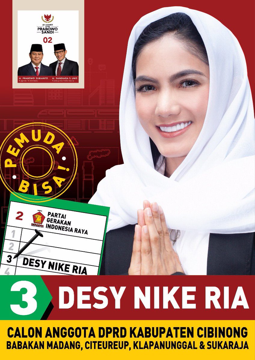 Assalamu’alaikum warahmatullahi wabarakatuh..
Dengan mengucap syukur atas rahmat Allah yang maha kuasa yang memberikan kesempatan kepada saya desy nike ria untuk menjadi calon legislatif dari partai gerindra dapil 1 kabupaten bogor mohon doa dan restunya waalaikum salam wr.wb