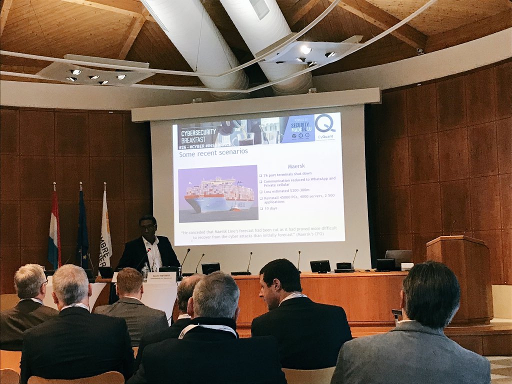 LuxSecurityWeek's tweet photo. François Thill from @MinEcoLux introduces #cyberinsurance, the topic of the Cybersecurity Breakfast #26 that takes place at @CdMLuxembourg. Thierry Murté, the CEO of @CyQuant_Ltd  then summarizes the state of the market. https://t.co/PN7UjNP8k0