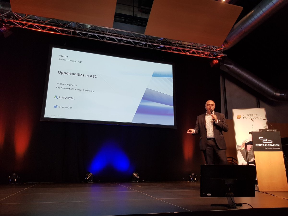 keanw's tweet image. The #ForgeDevCon Europe keynote is by @NMangon. He&apos;s reinforcing that there&apos;s plenty of headwind and opportunity in AEC.