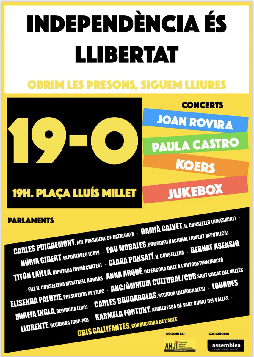 Aquest divendres tots a Sant Cugat! Us esperem a partir de les 19h a pl. Lluís Millet! #IndependènciaÉsLlibertat #FreeTothom #independència