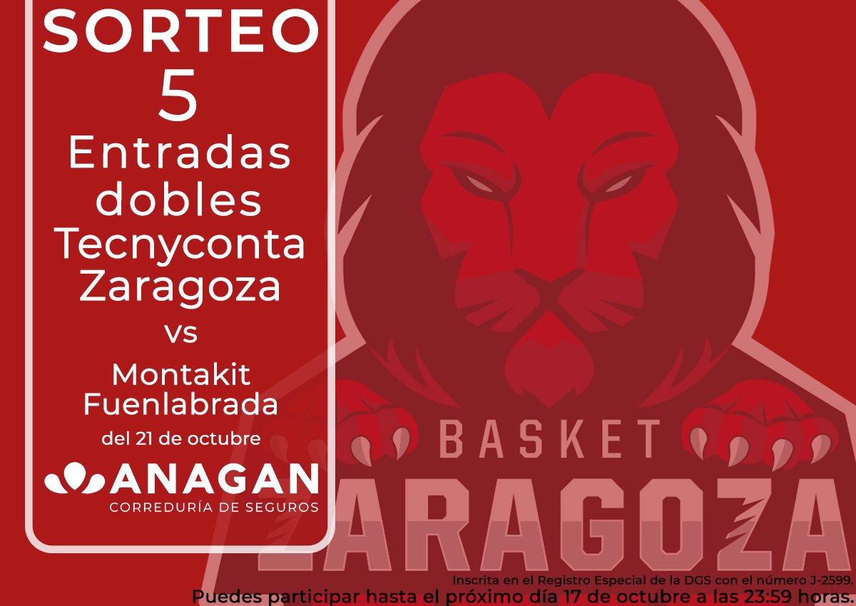 #Sorteo de 5 entradas dobles para el partido entre <a href="/BasketZaragoza/">BasketZaragoza</a> y <a href="/BFuenlabrada/">Flexicar Fuenlabrada</a> del 21 de octubre 🏀

Para participar:
👉tienes que ser seguidor de <a href="/ANAGANSEGUROS/">ANAGAN SIGLO XXI</a>
👉comparte esta publicación
👉comenta con quién irías a ver el partido

Bases legales👉anagan.com/bases-legales-…
