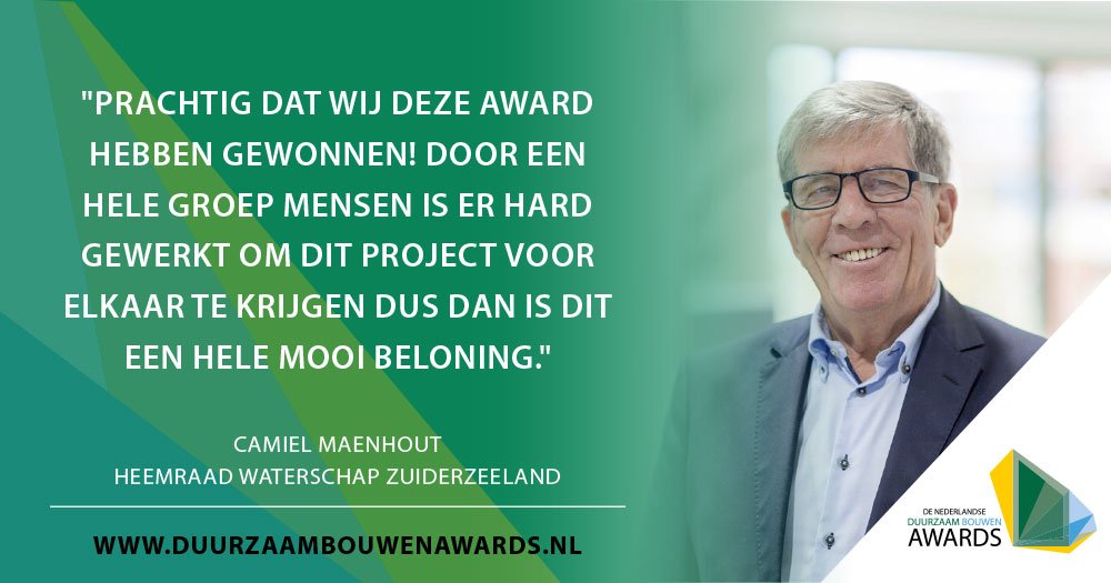 Camiel Maenhout van Waterschap Zuiderzeeland geeft zijn reactie op het winnen van de Gouden Kikker Award 2018. Inschrijven voor de Duurzaam Bouwen Awards 2019 
kan via: duurzaambouwenawards.nl