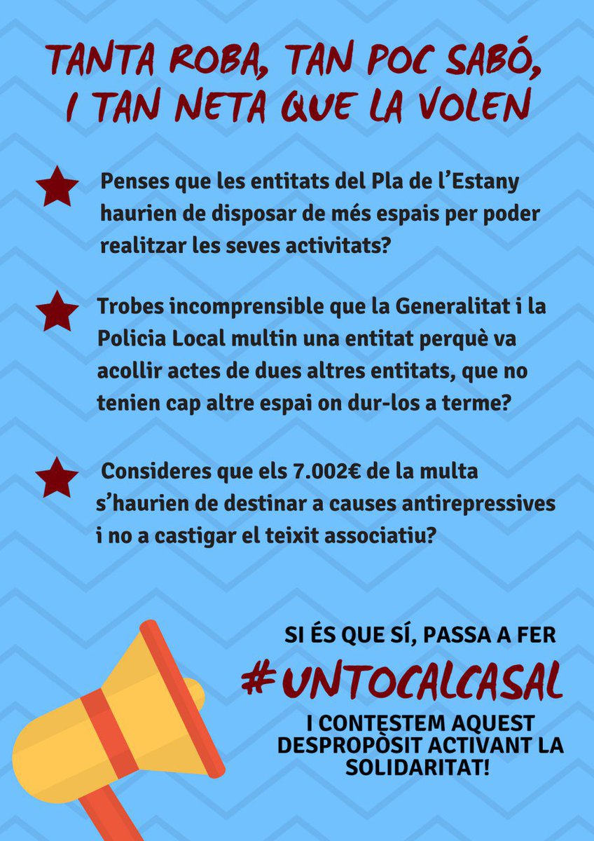 TANTA ROBA, TAN POC SABÓ I TAN NETA QUE LA VOLEN

Una multa de 7.002€ per cedir el nostre espai a entitats mancades de local? 
No penseu que aquests diners fan molta més per combatre la repressió estatal espanyola? 

Si és així, passeu a fer #UnTocAlCasal aquesta festa major! 🍻