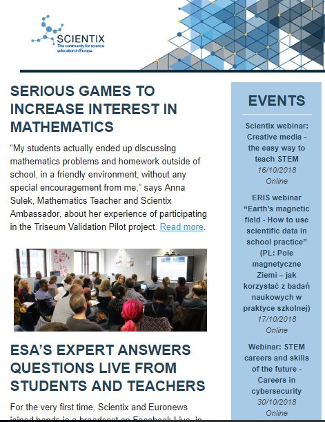 scientix_eu's tweet photo. New #Scientix Digest is out in 8 languages! Read more about the impact of #SeriousGames and #EducationalGames on #learning, our activities for the #WorldSpaceWeek #WSW18, new Scientix #Webinars, #STEM projects and resources! See our Digest, here: https://t.co/HdLNxaMEg3 https://t.co/rTn2rIQ9l5