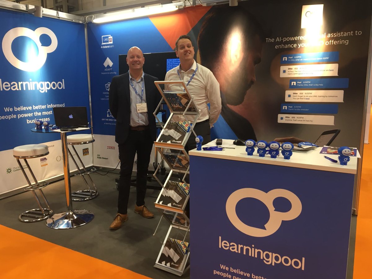 LearningPool's tweet photo. The stand is ready! Nick and Aaron are ready! Let's do this #WOL18 - visit us on #StandD30 and find out how #LearningPool can #power your #elearning today. @Learn_EventsUK #HR #LnD #Training #Education #Otto #AI https://t.co/vI5dIcu6AV