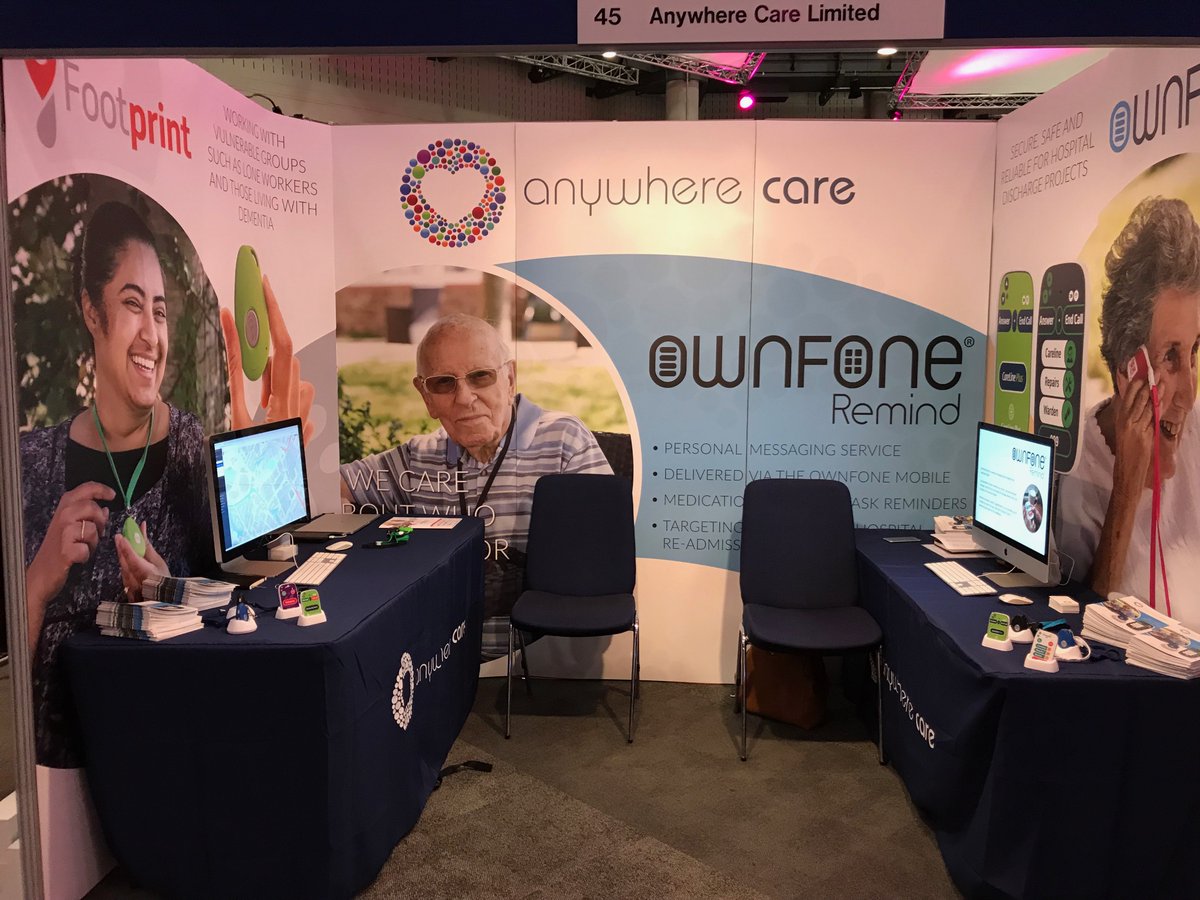 anywherecares's tweet photo. We are all ready for action at the #ITECconf18. Come and see us on stand 45 to see our #ownfone and #footprint devices. As well as our new #ownfoneremind service. #exhibition #telecare #socialcare https://t.co/xat4IG2vpQ