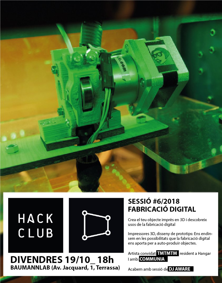 labaumann_jove's tweet photo. Demà, 19 d'octubre, a les 18h al @BaumannLab, arriba la sessió #6/2018 del #HackClub on podràs crear el teu projecte imprès en 3D i descobrir usos de la fabricació digital. 
Confirma la teva assistència a https://t.co/LpHhYscBIk

#terrassa #BaumannLab #Joventut #casaBaumann https://t.co/EDCSgLEqpA