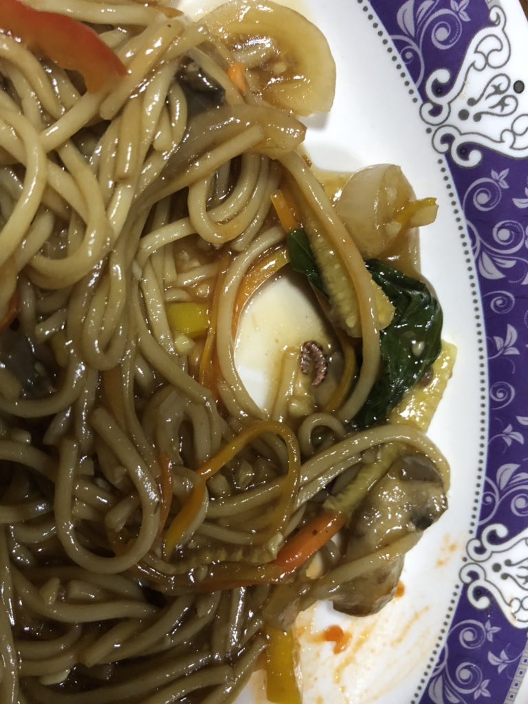 ShreyaDubey96's tweet photo. Horrified to find a worm in Veg Thai Pot Noodles from 5 Spice.  Thank you for ruining our team lunch 😇#VegGoneNonVeg  @swiggy_in @ZomatoIN @fssaiindia @KirtiK @prachivedant @MissFrooti What should we do in this case now? :) https://t.co/S6Ye1tBWdk