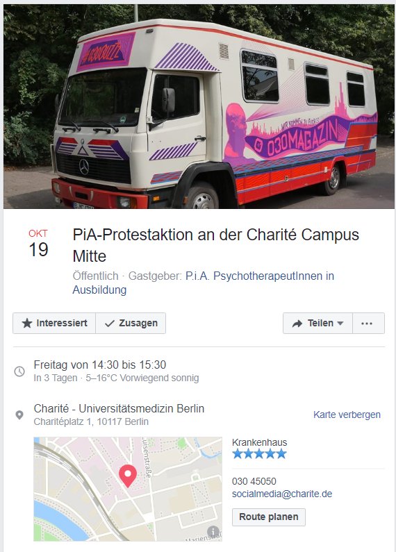 PiA-Bündnis (@piabnds) on Twitter photo #PiATermin #Berlin: Seit gestern erneute #PiA-Protestwoche a d #Charité. Am Freitag findet eine Demo statt. #Psychotherapeuten #PiAReform #fairPiA <a href="/BMG_Bund/">Bundesgesundheitsministerium</a> <a href="/jensspahn/">Jens Spahn</a> <a href="/WSchinnenburg/">Wieland Schinnenburg</a> <a href="/Karl_Lauterbach/">Prof. Karl Lauterbach</a> <a href="/MariaKlSchmeink/">Maria Klein-Schmeink</a> <a href="/Erwin_Rueddel/">Erwin Rüddel</a> @AchimKesslerMdB facebook.com/events/2100477… #PiATermin #Berlin: Seit gestern erneute #PiA-Protestwoche a d #Charité. Am Freitag findet eine Demo statt. #Psychotherapeuten #PiAReform #fairPiA <a href="/BMG_Bund/">Bundesgesundheitsministerium</a> <a href="/jensspahn/">Jens Spahn</a> <a href="/WSchinnenburg/">Wieland Schinnenburg</a> <a href="/Karl_Lauterbach/">Prof. Karl Lauterbach</a> <a href="/MariaKlSchmeink/">Maria Klein-Schmeink</a> <a href="/Erwin_Rueddel/">Erwin Rüddel</a> @AchimKesslerMdB facebook.com/events/2100477…