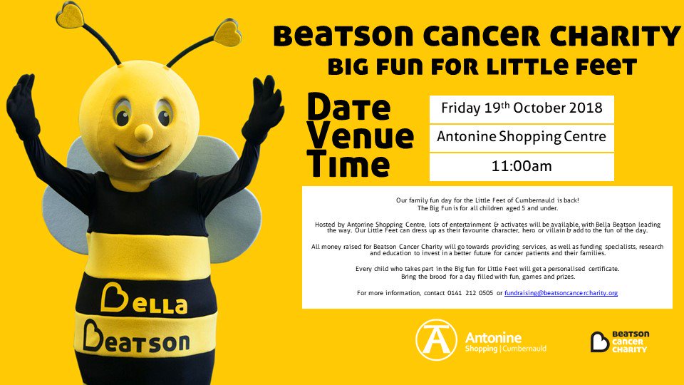 Come join us this Friday at #AntonineShoppingCentre in Cumberland for our Big Fun for Little Feet! @Beatson_Charity #familyfun #TeamBeatson #Fundraising #Glasgowevents