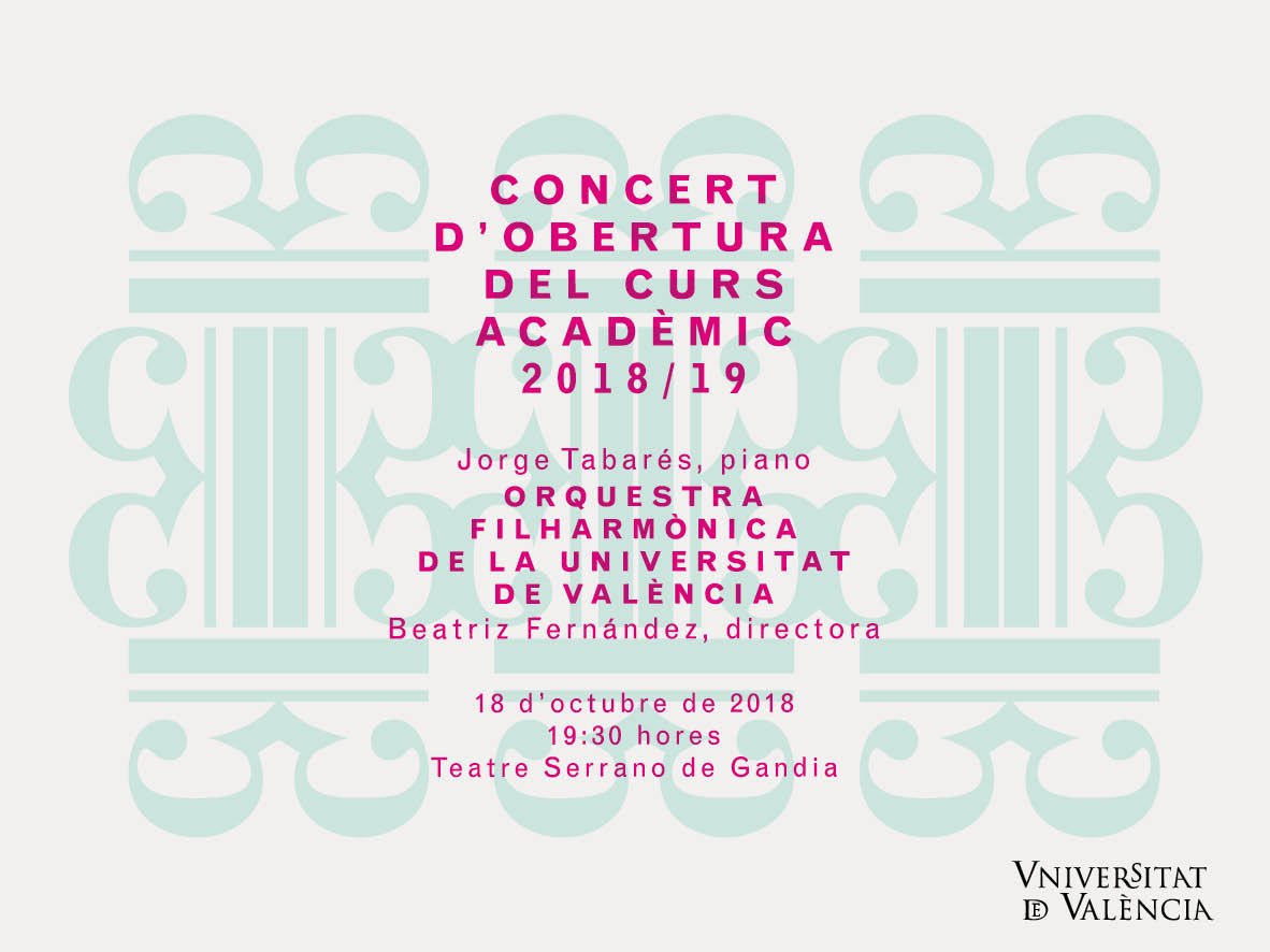 Recordeu que el proper dijous 18 d'octubre a les 19.30h celebrarem el Concert d'obertura del curs 2018/2019 amb l'Orquestra Filharmònica de la <a href="/UV_EG/">Universitat València</a> . Serà al <a href="/Teatre_Serrano/">Teatre Serrano</a> i l'entrada és gratuïta. Vos esperem!