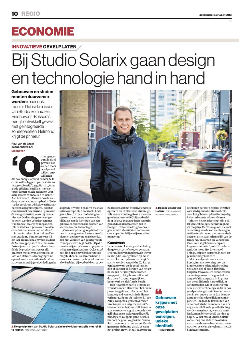 Heel mooi artikel in het Eindhovens Dagblad over de kern van Studio Solarix: innovatieve gevels waar Design en Techniek hand in hand gaan! #Solardesign #Studiosolarix #citydesign