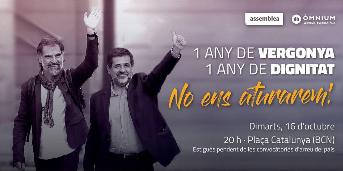 📢 
Un any de vergonya. Un any de dignitat. No ens aturarem!

Dimarts, 16 d'octubre
a Roda, ens trobarem a les 20h a la Plaça Major.
A les 20.30h al Pont Vell enlairarem 12 fanalets pels 12 mesos de presó.

Us hi esperem!✊🏽
#FemLaRepúblicaCatalana 🚩 #LlibertatJordis