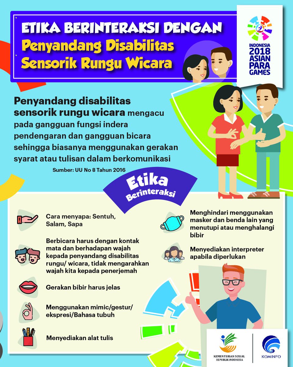 8. Gunakan Bahasa tubuh/mimik/gestur/ekspresi yang jelas ketika berinteraksi dengan penyandang disabilitas rungu wicara. Jika diperlukan, bisa juga menggunakan alat tulis #IndonesiaRamahDisabilitas