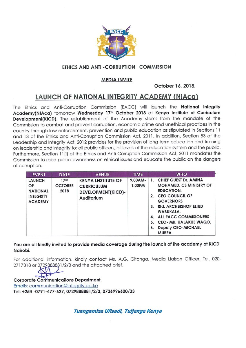 NIAcaKenya's tweet photo. MEDIA INVITE: @ntvkenya @KTNNews @KTNKenya @K24Tv @KBCChannel1 @citizentvkenya @RadioCitizenFM @RadioJamboKenya @radiomaisha @NationBreaking @dailynation @StandardKenya @PeopleDailyKe @Kiss100kenya @Classic105Kenya @GhettoRadio895 @Taifa_Leo @MpashoNews @KenMOJA @Kenyans https://t.co/BGeuZ0Ih2H