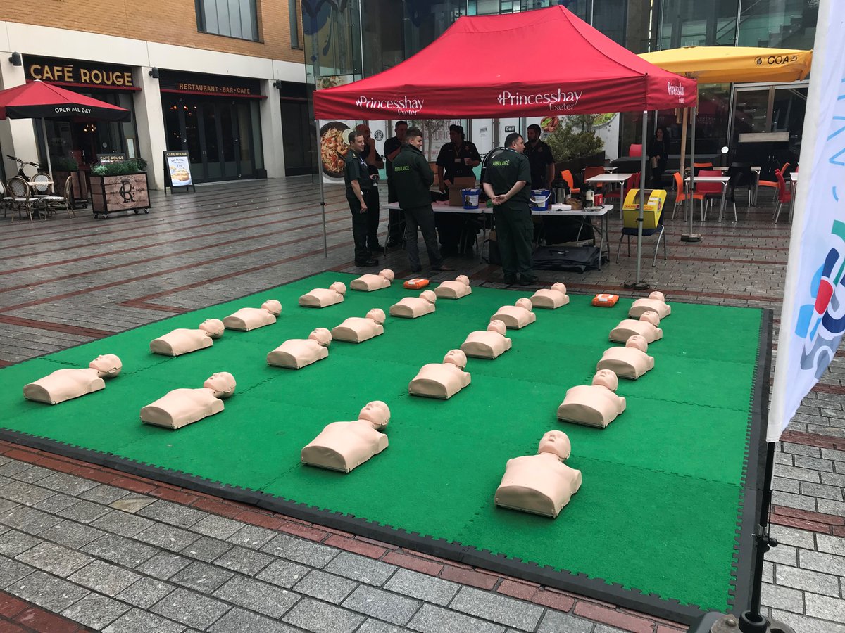 swasFT's tweet photo. We are here @Princesshay #Exeter. Come and see us and learn vital CPR skills. You can also speak to our paramedics and volunteers and learn more about your ambulance service #RestartAHeartDay #Team999 https://t.co/qaR0gGc0jS