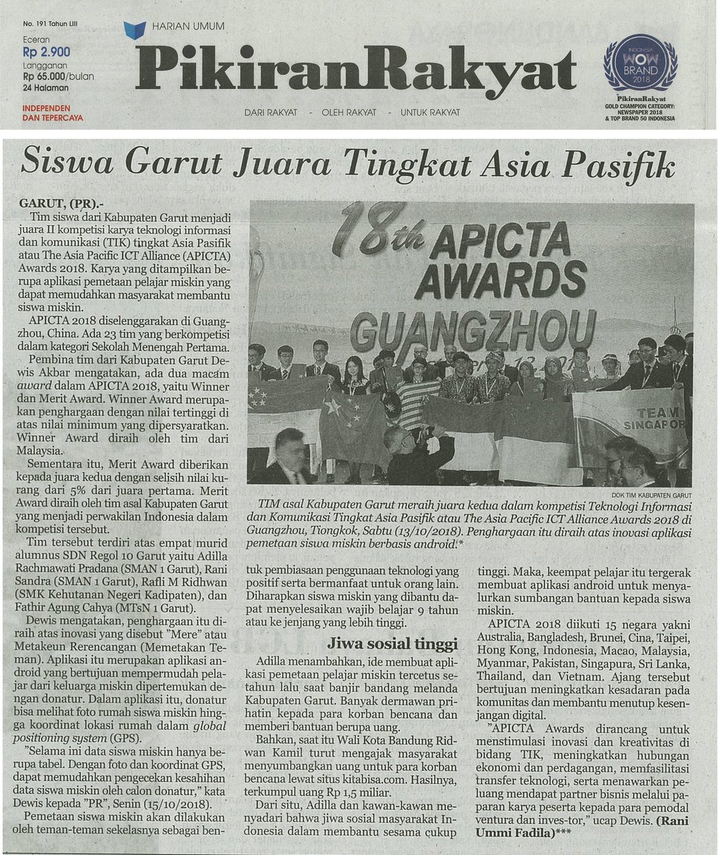 Alhamdulillah, tutors #labonbike yang tergabung dalam tim Mere berhasil mengharumkan Garut &amp; membentangkan merah putih di tingkat Internasional.  #mere #metakeunrerencangan #apictaawards2018 #apicta #labkomputermini <a href="/onnowpurbo/">Onno W. Purbo</a> <a href="/donnybu/">Donny Utoyo</a> @mataharitimoer <a href="/internetsehat/">Internet Sehat</a> <a href="/kembars/">Dicky Prasetia</a>