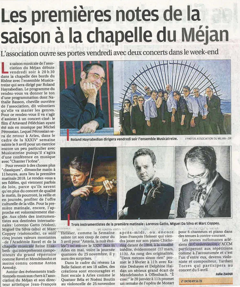 AssoMejan's tweet photo. Ce week-end : Ouverture de la Saison musicale du Méjan à Arles ! Pensez à réserver vos places 🎻🎶🎹 
#music #mejan #arles #musicatreize #hayrabedian #petrossian #pelechian #gatto #coppey #dasilva https://t.co/0WmfAfXXAk