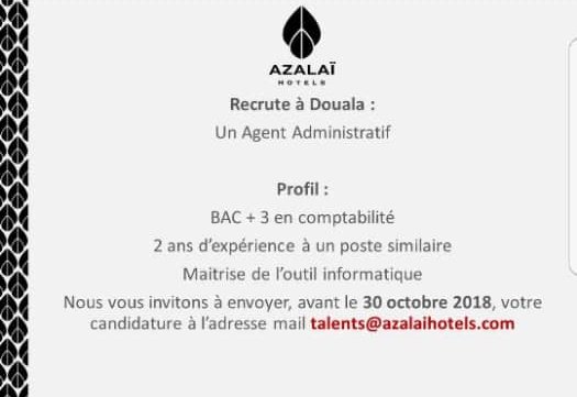 Ledawa's tweet photo. #Recrutement #Douala #Emploi237 #AgentAdministratif #Comptabilite 
#RT #TT237 @azalaihotels https://t.co/EoqF0yC2Xy