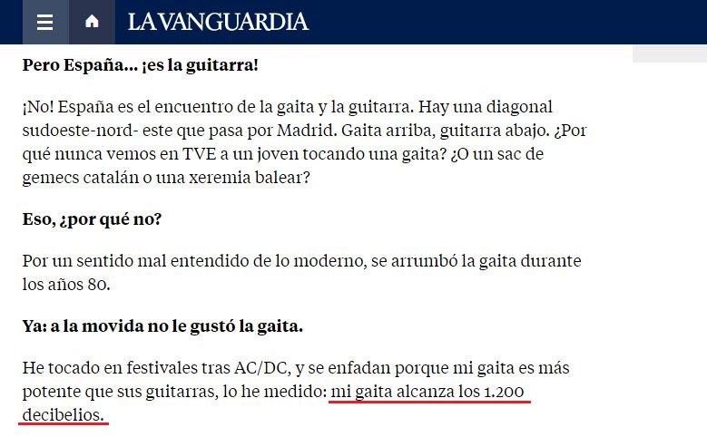 Eduard Puig (@edu_puig) on Twitter photo Entrevista de La Contra a <a href="/LaVanguardia/">La Vanguardia</a> al músic Carlos Nuñez "mi gaita alcanza los 1.200 dB" Esperem que no, amb aquest nivell de pressió acústica moririen tots els espectadors, i el concert es podria escoltar a mig món. Entrevista de La Contra a <a href="/LaVanguardia/">La Vanguardia</a> al músic Carlos Nuñez "mi gaita alcanza los 1.200 dB" Esperem que no, amb aquest nivell de pressió acústica moririen tots els espectadors, i el concert es podria escoltar a mig món.