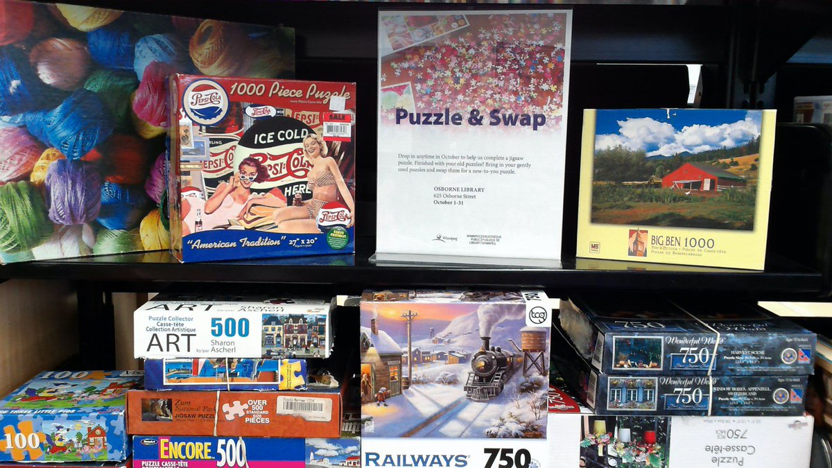 wpglibrary's tweet photo. The puzzles are back! Drop by the Osborne Library to exchange your old puzzles for a new-to-you puzzle, until Oct. 30. https://t.co/BVHndBnKJF