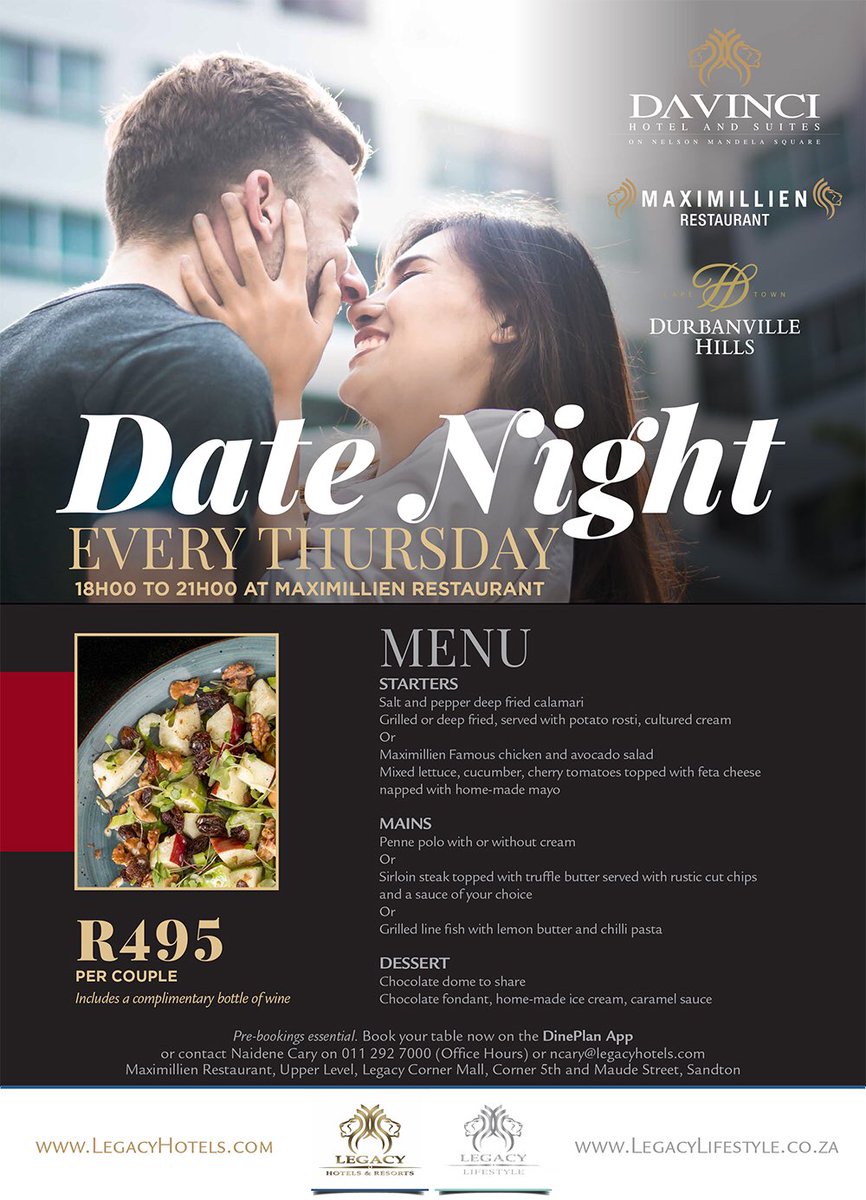 DaVinciHotelSA's tweet image. Thursday night is #DateNight @MaximillienRest join us for a three course meal for R495.00 per couple inclusive of a bottle of wine.
