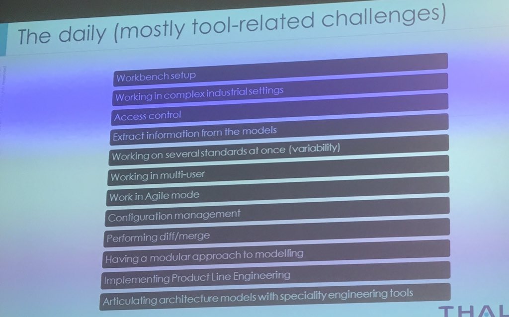 seidewitz's tweet photo. (Modeling) tool related challenges. Stéphane Bonnet, Thales. #MBSE #models2018 https://t.co/BMwbgDAXI0
